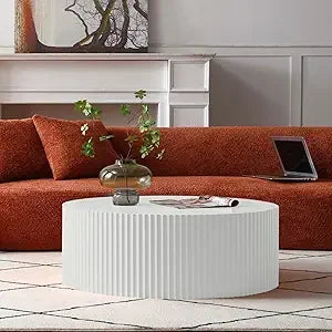 Round Coffee Table, Modern Black Side Table End Table for Living Room, Wood Circle Drum Coffee Table with Handcrafted Relief,