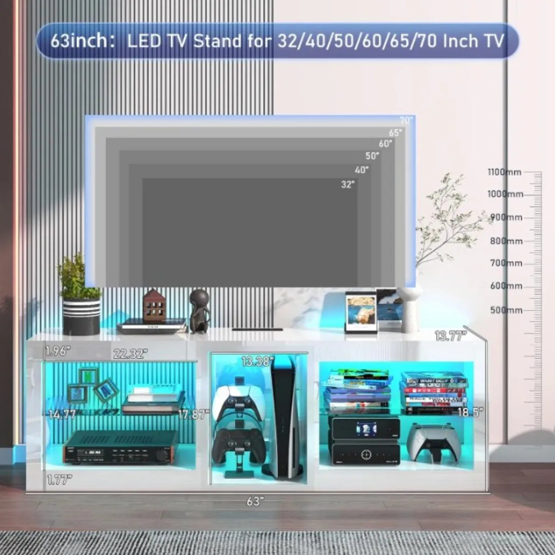 63" LED TV Stand for Televisions up to 70In, TV Cabinet with Adjustable Glass Storage Shelves, Modern LED Entertainment Center