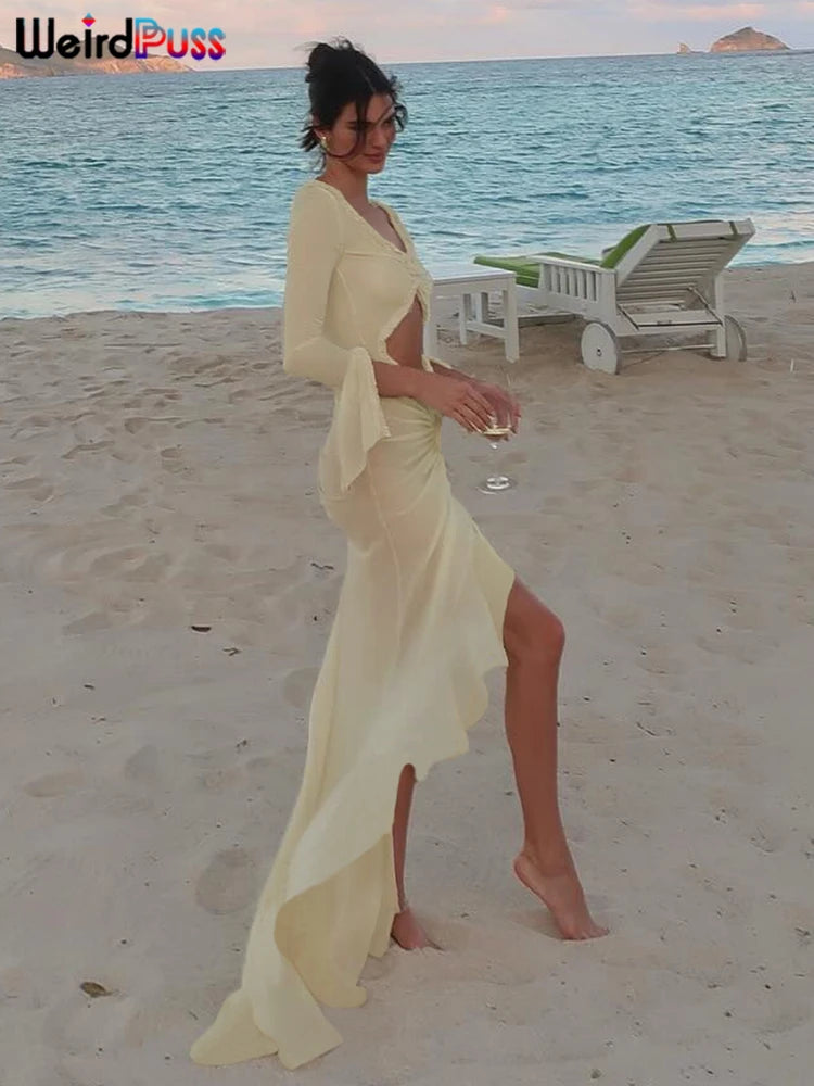 Women’s Elegant V Neck Cutout Maxi Dress | Long Sleeve Bodycon Evening Gown