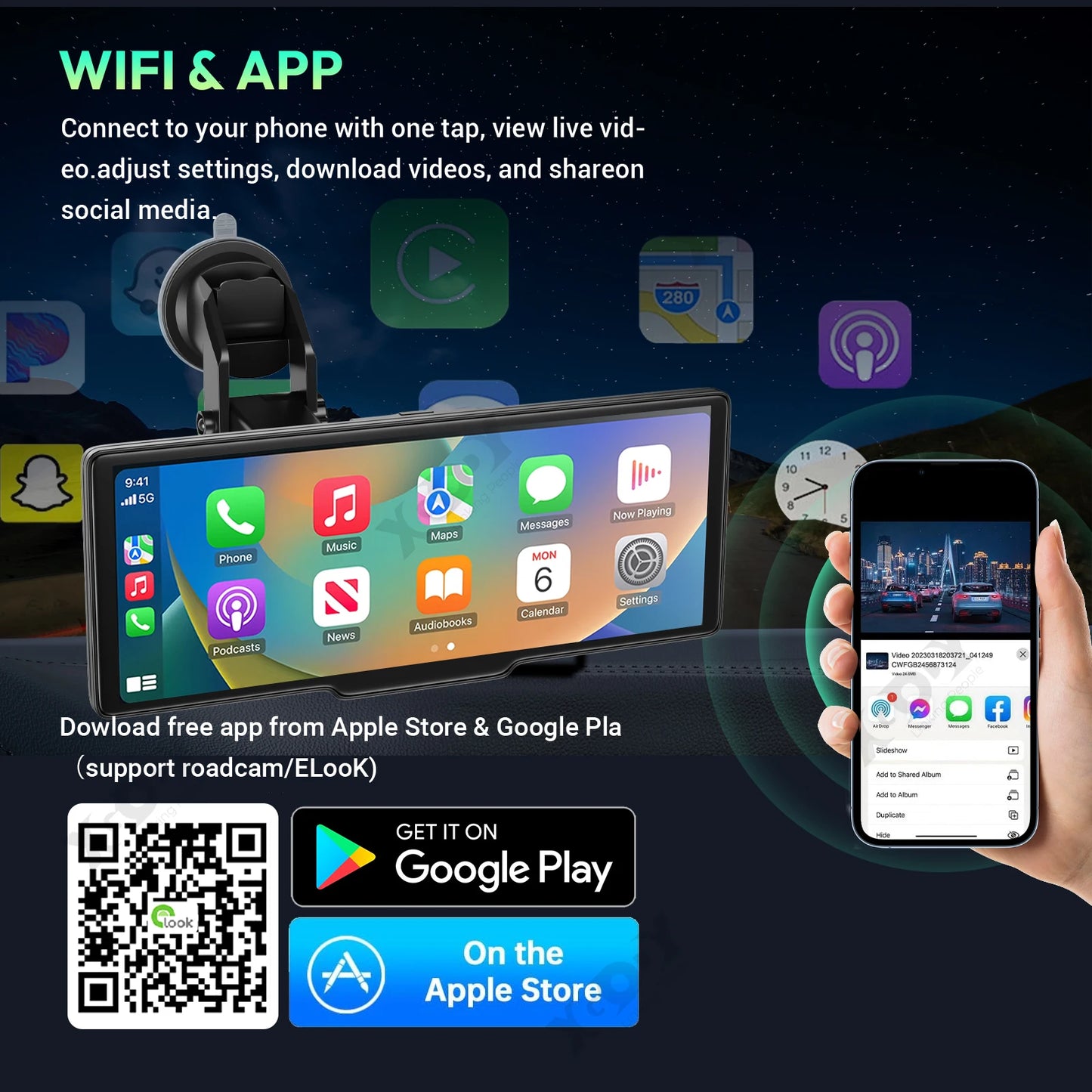 XGODY 10.26" 4K Dash Cam Wireless Carplay Android Auto Car DVR WiFi Navigation Rearview Camera Dashboard Video