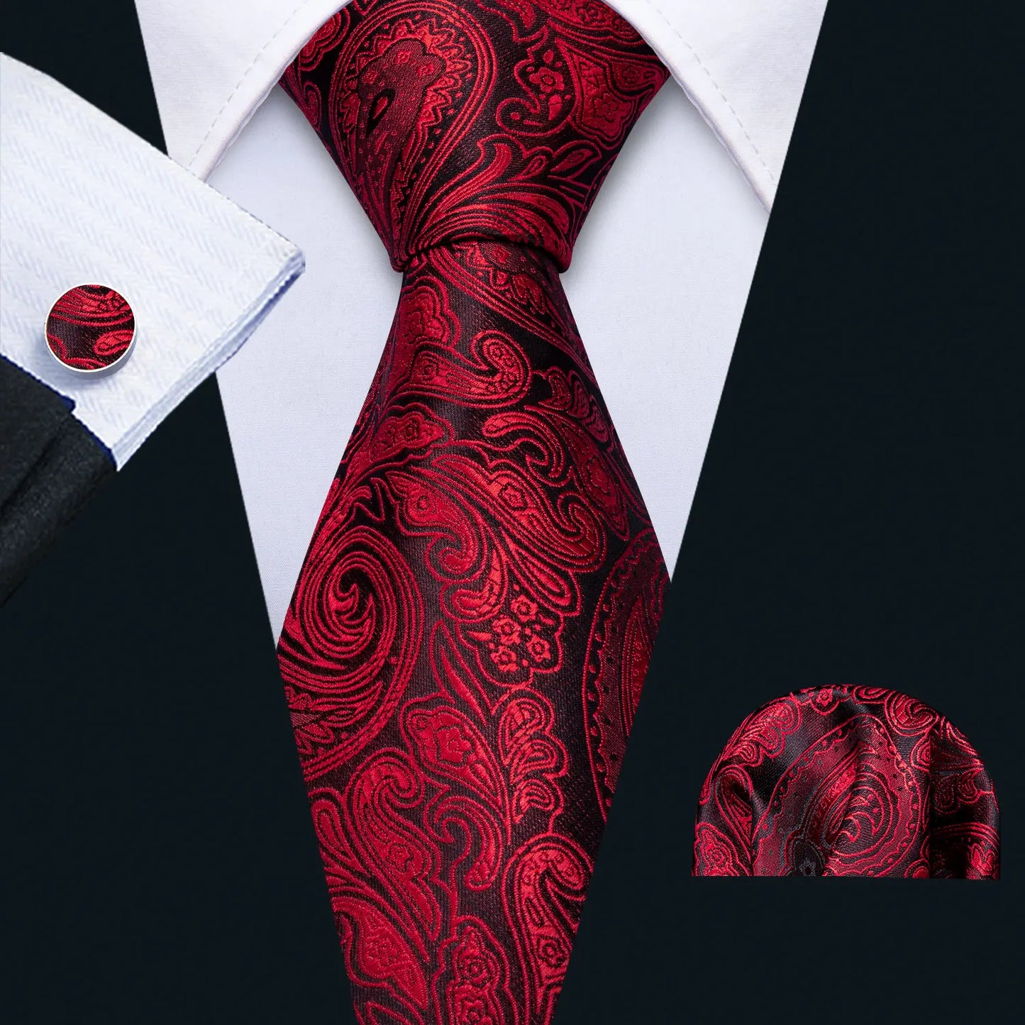 Men’s Luxury Red Striped Necktie Set. Silk Tie, Pocket Square & Cufflinks for Business, Wedding & Formal Wear