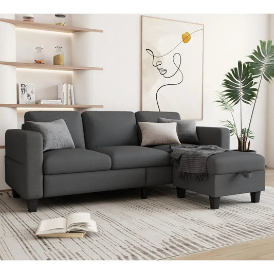 Sectional Couches for Living Room - Convertible L-Shaped Couch, 3 Seater Modern Linen Sofa, 78" Sofas with Storage Ottoman