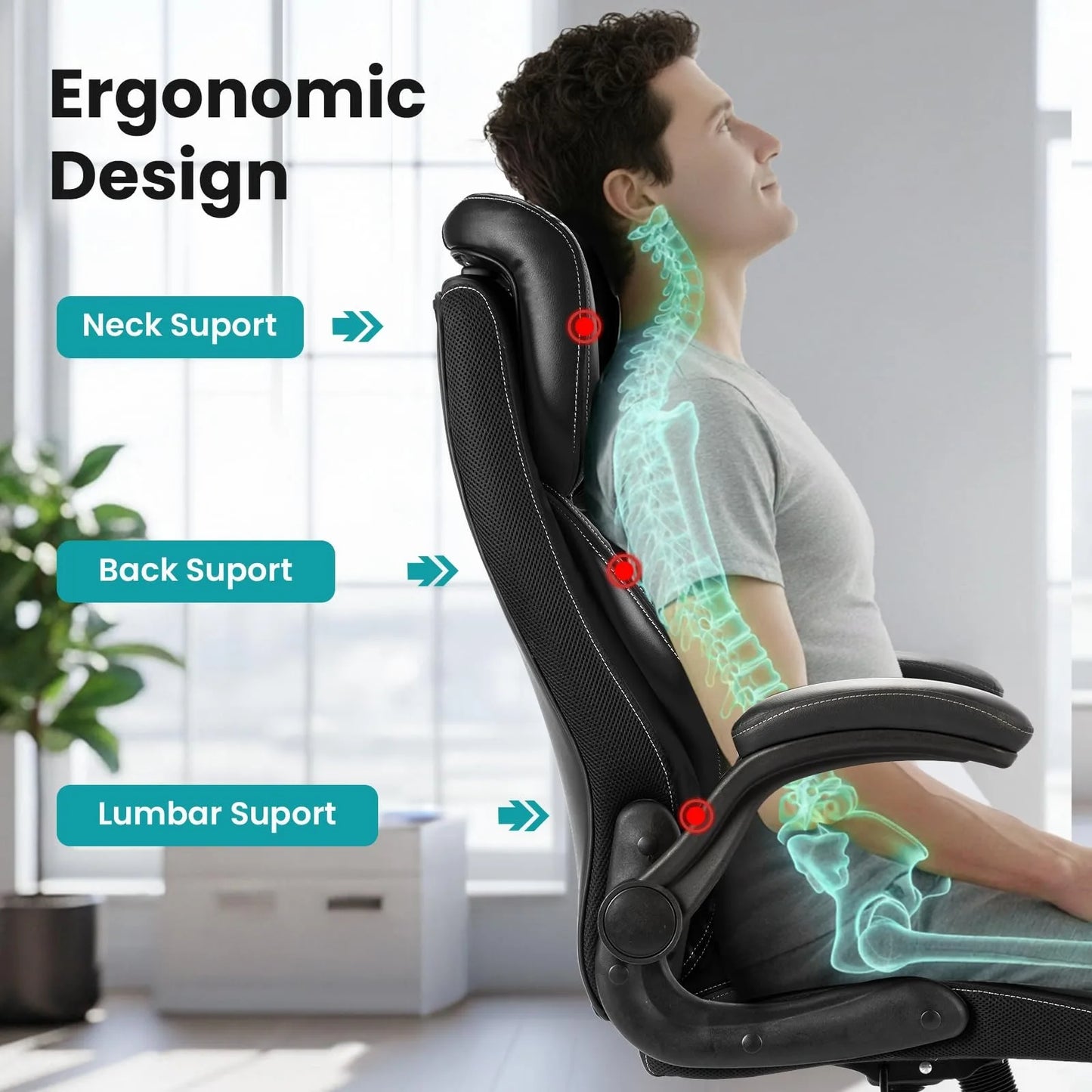 Ergonomic Executive Office Chair with Adjustable Headrest, Faux Leather High Back Desk Chair with Lumbar Support