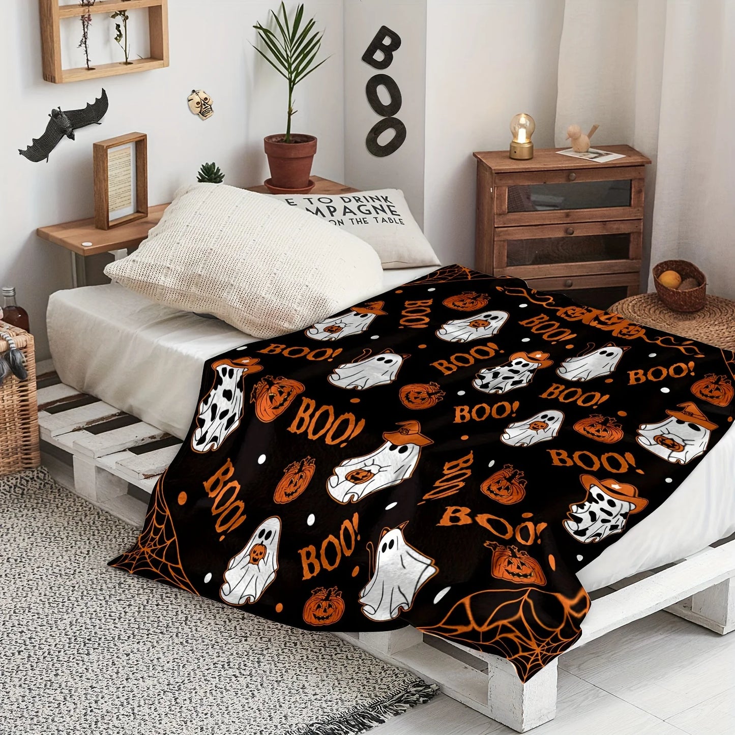 Cozy Halloween Flannel Throw Blanket . Spooky Ghost & Pumpkin Design