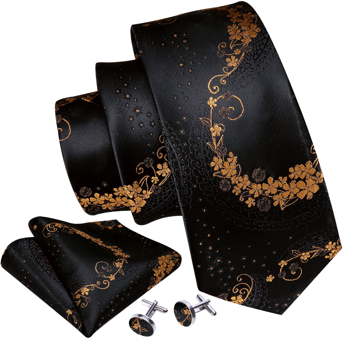 Luxury Black & Gold Floral Men’s Tie Set.Designer Jacquard Necktie & Cufflinks