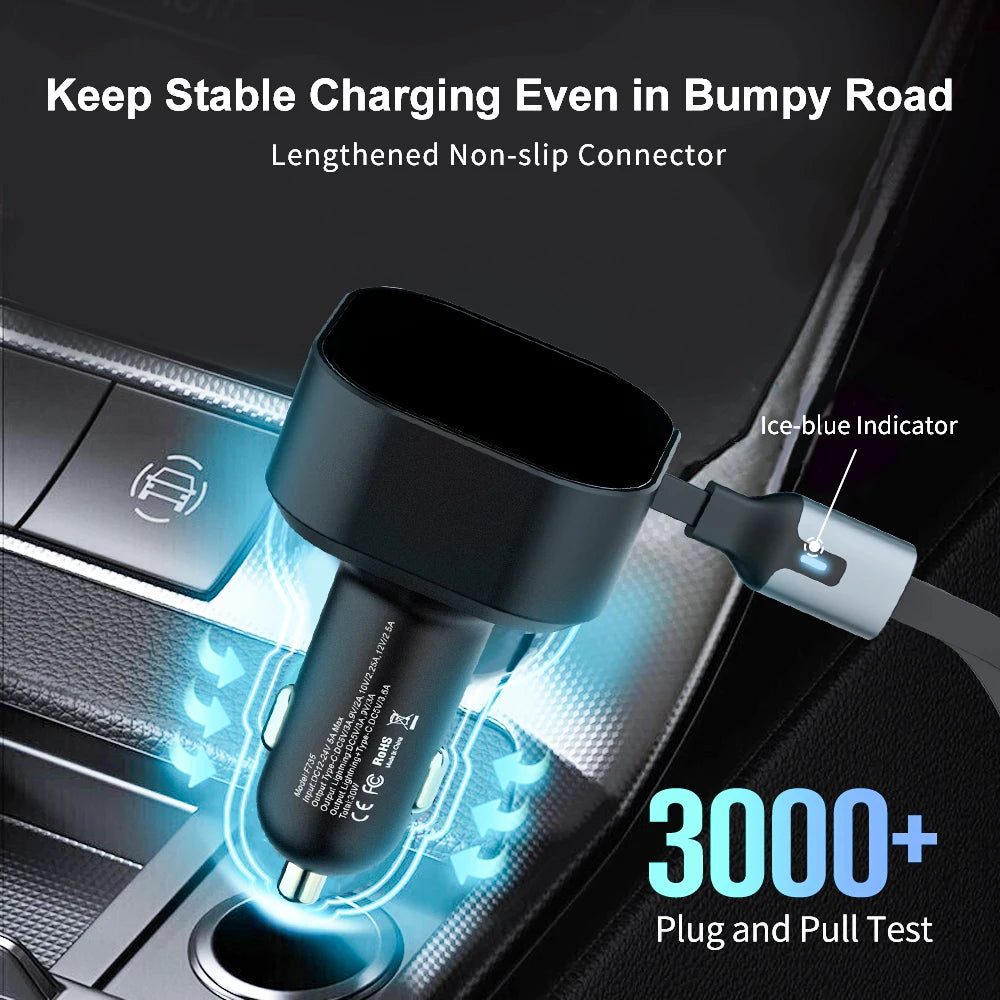 New Retractable Line Mobile Phone Car Charger Cigarette End Port Car Charging Point Super Fast Charging Xiaomi Huawei Apple 15