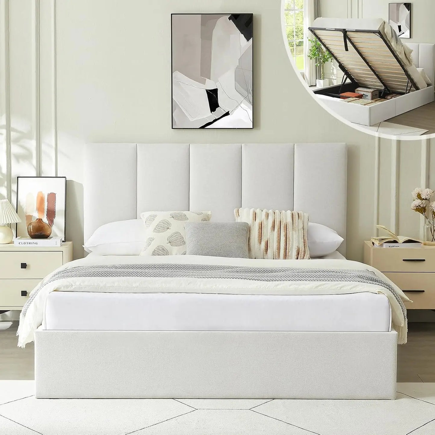 King Size Upholstered Lift-Up Storage Bed with Headboard