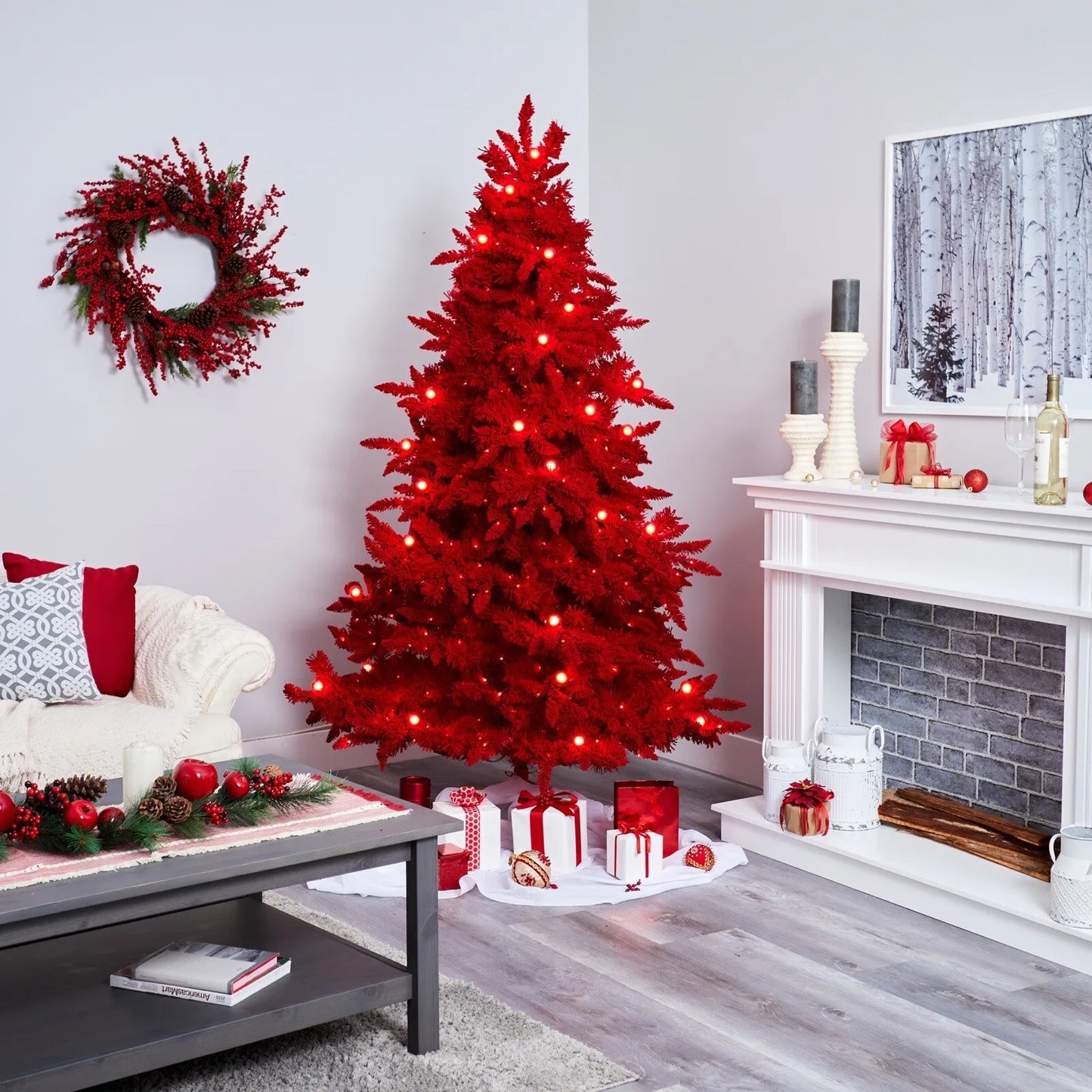 7ft Red Flocked Christmas Tree 500 LEDs 40 Globe Bulbs
