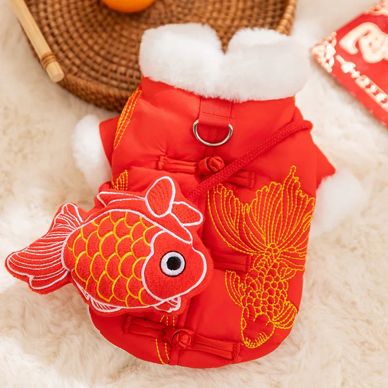 New Year Dog Dragon Robe Costume Warm Cat Cheongsam Winter Pet Vest of The Tang Dynasty Christmas Coat for Cat Teddy Bichon Dogs