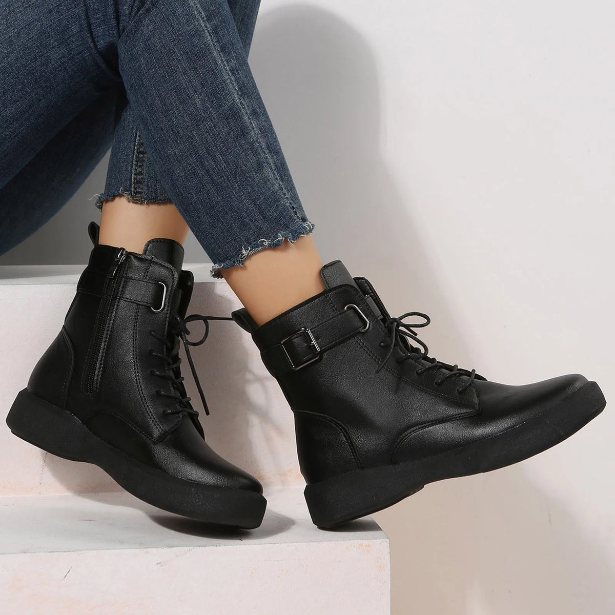 Women’s Lace-Up Ankle Boots | Buckle Detail Casual Boots