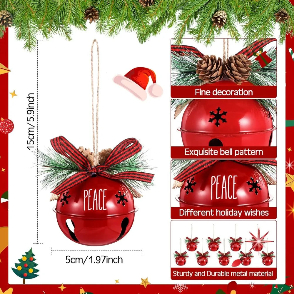 Aoriher 9 Pcs Christmas Bells Ornament 3.1" Rustic Christmas Jingle Bell Sleigh Letter Bells with Pine Cones Plaid Bow for Decor