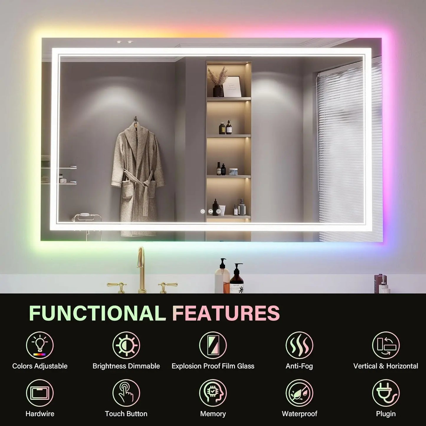 Led Bathroom Mirror With RGB Lights And Memory Function