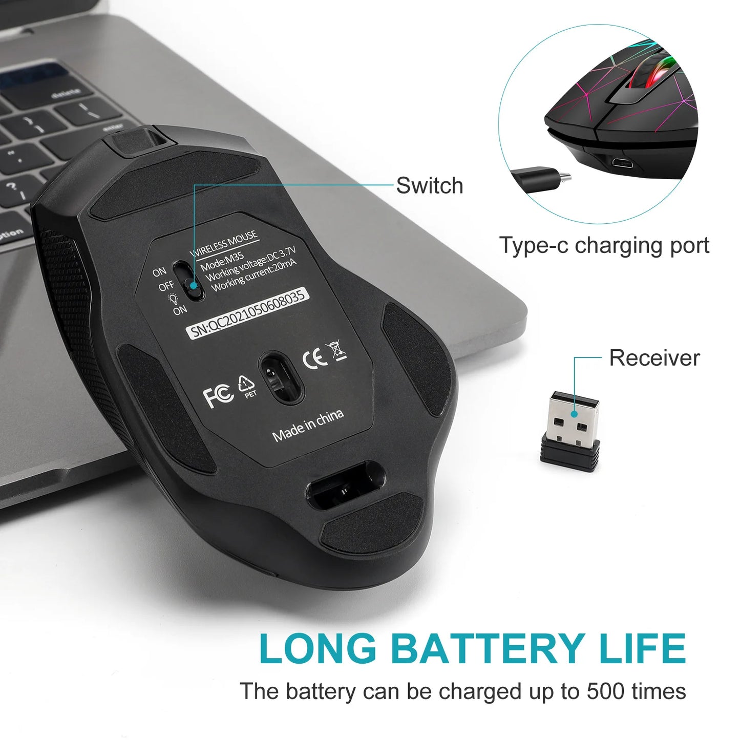 Rechargeable Wireless Gaming Mouse  Ergonomic RGB PC Mouse for Home Office & Gaming