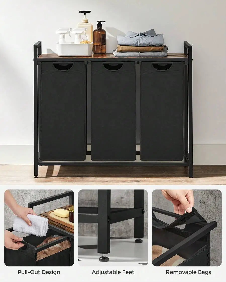 3-Section Laundry Sorter Hamper with Removable Bags & Pull Handles