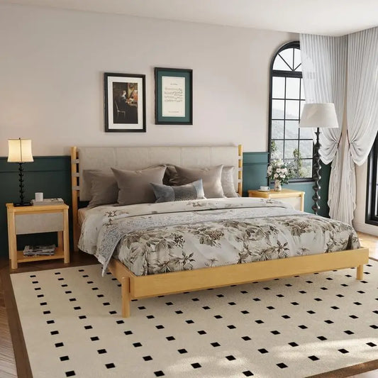 Modern King Bed Frame Set with 2 Nightstands, Beige Wood Platform Bed with Headboard and Matching Side Tables for Bedroom
