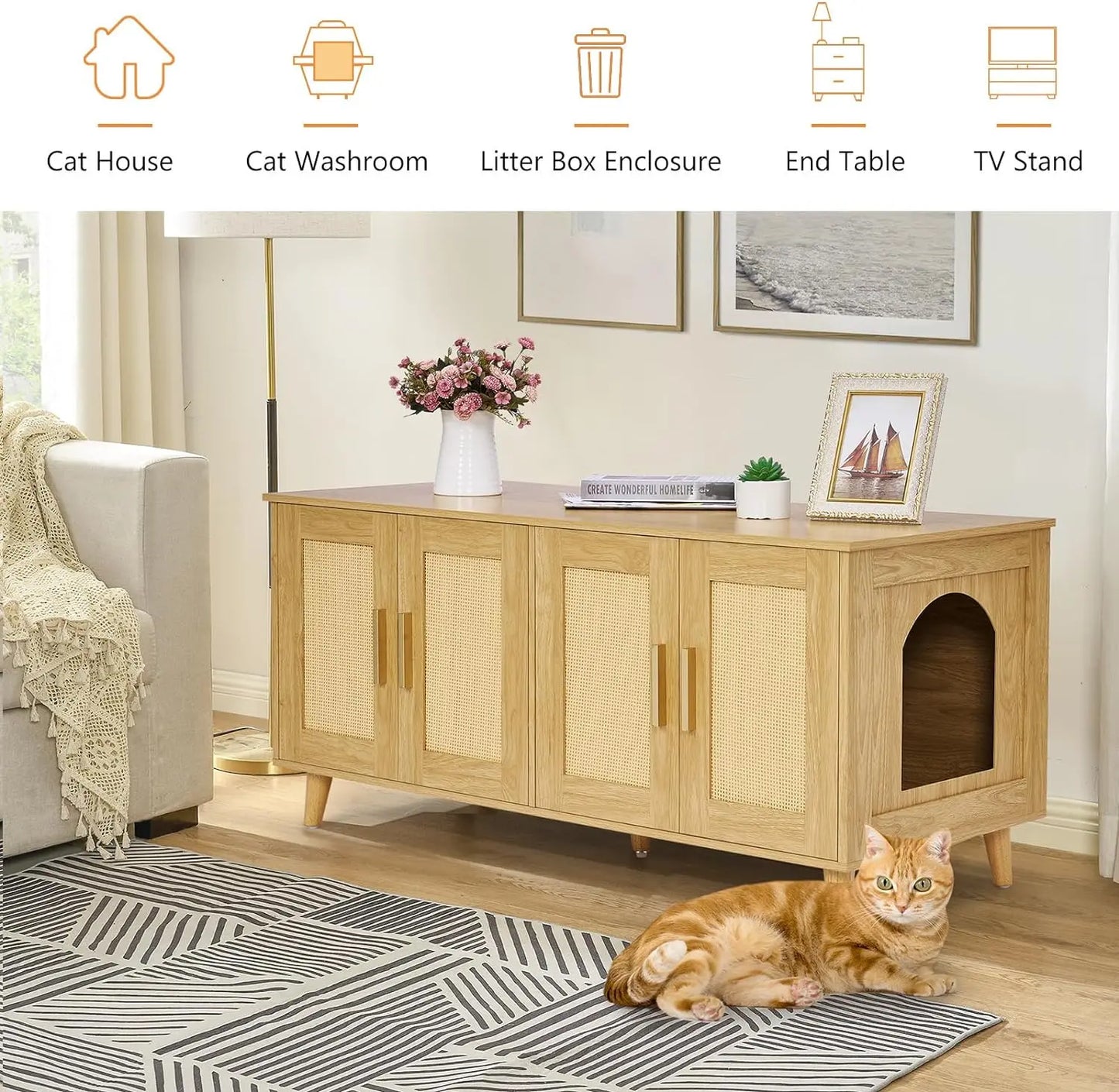 Homhedy Boho Cat Litter Box Enclosure for 2 Cats Litter Box Furniture Hidden with Double Rattan Decorated Doors,Wooden Cat