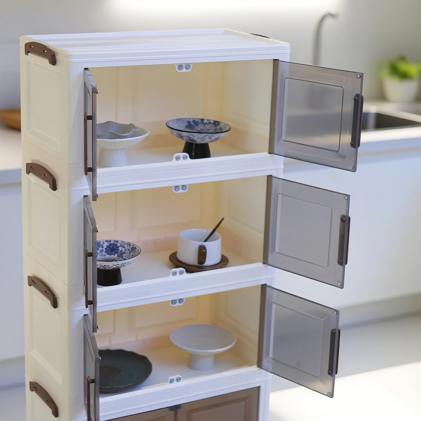 Foldable storage cabinet with stackable storage box, transparent magnetic door + universal wheels + stackable design