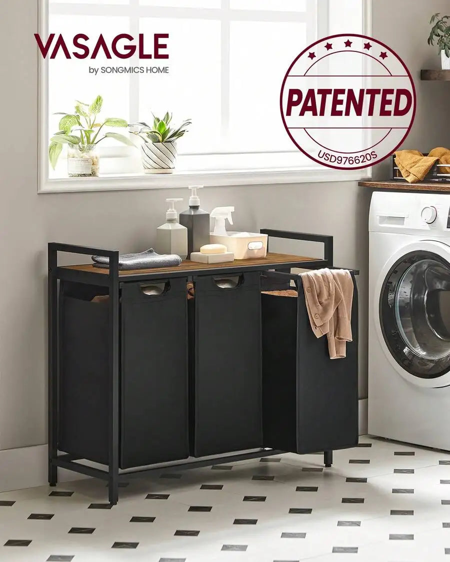 3-Section Laundry Sorter Hamper with Removable Bags & Pull Handles