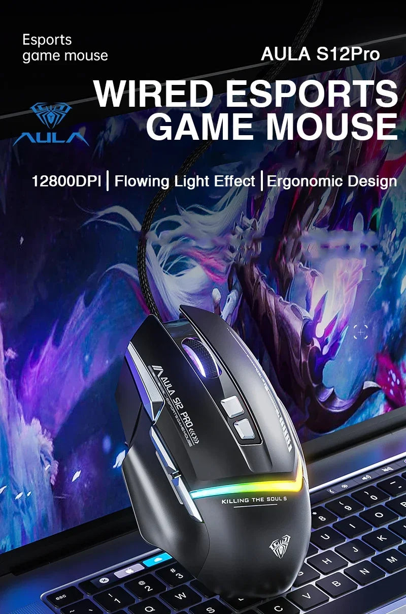 AULA S12Pro RGB Gaming Mouse .12800 DPI High-Speed Wired Mouse with Low Latency Performance