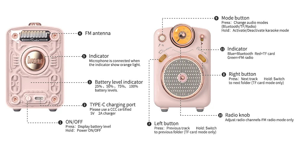 Divoom Fairy-OK Portable Bluetooth Karaoke Speaker with Wireless Microphone | Retro Mini Speaker | Rechargeable Music System
