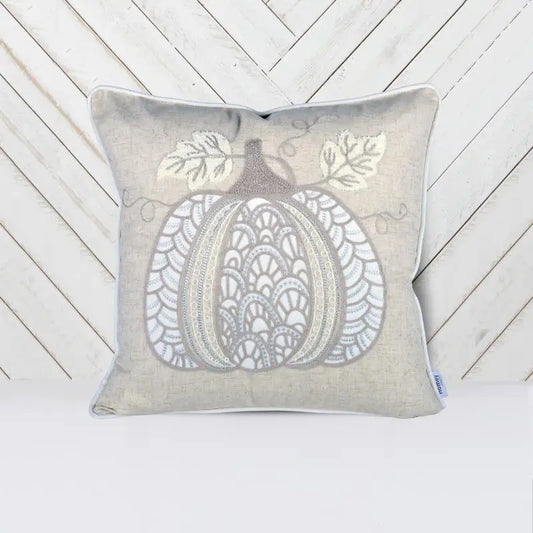 Lace Embroidered Pumpkin Throw Pillow - Neutral Fall Accent Cushion for Home Decor