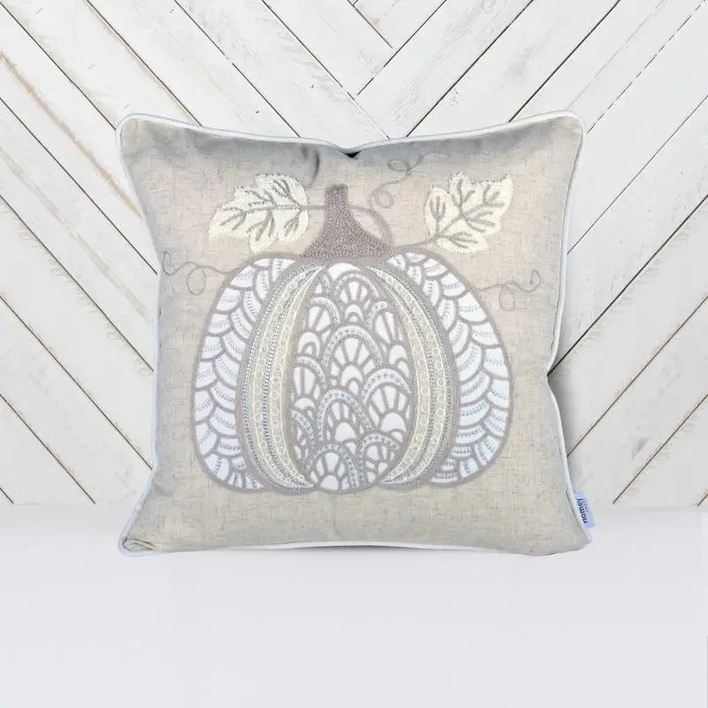 Elegant Lace Embroidered Pumpkin Throw Pillow Neutral Fall Farmhouse Accent Cushion
