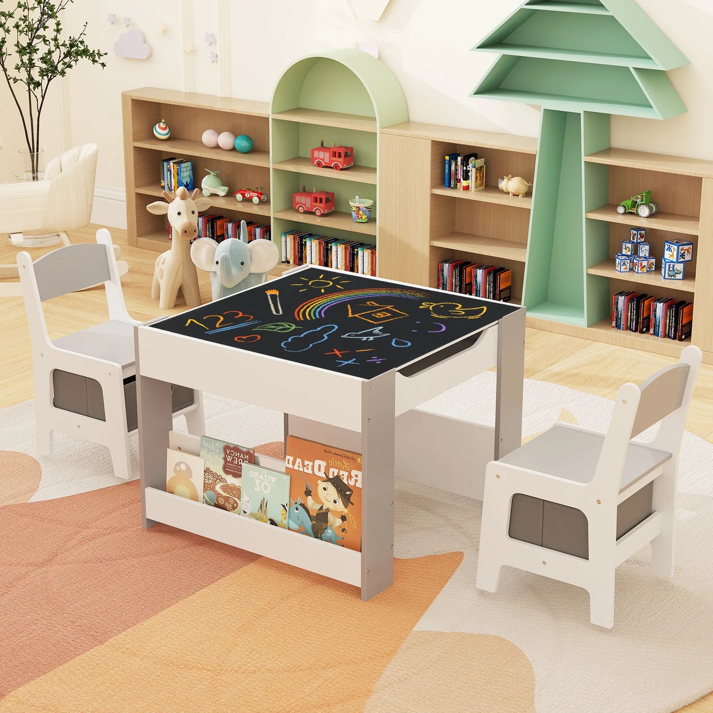 4-in-1 Kids Activity Table & Chair Set with Bookshelves and Storage Bins