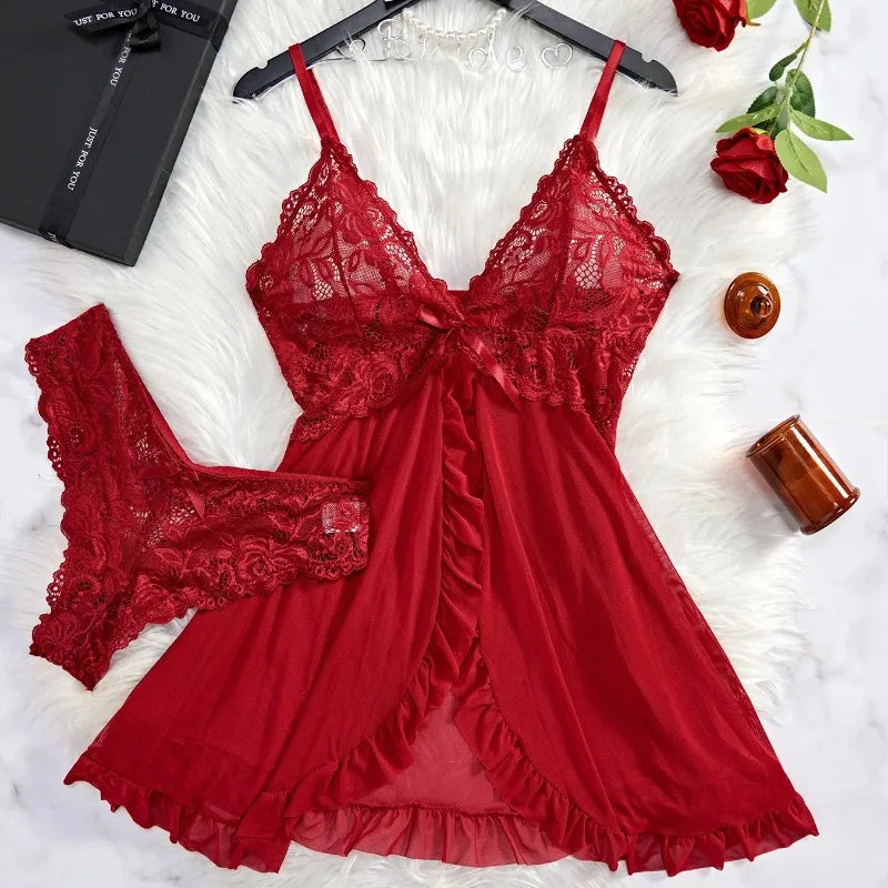 Women's Floral Lace Baby doll Lingerie Set. Sheer Nightdress with Matching Panties