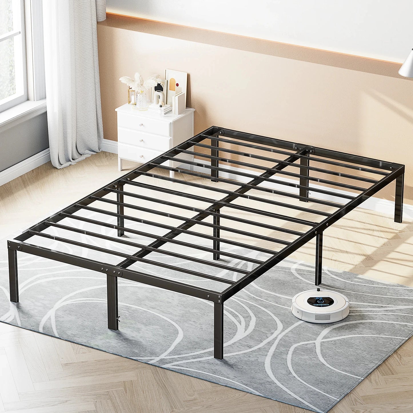 JHK Basic Twin Full Queen King Size Bed Frame Metal Platform Bedroom Frames with Storage Space Sturdy Steel Slat Support 350LBS