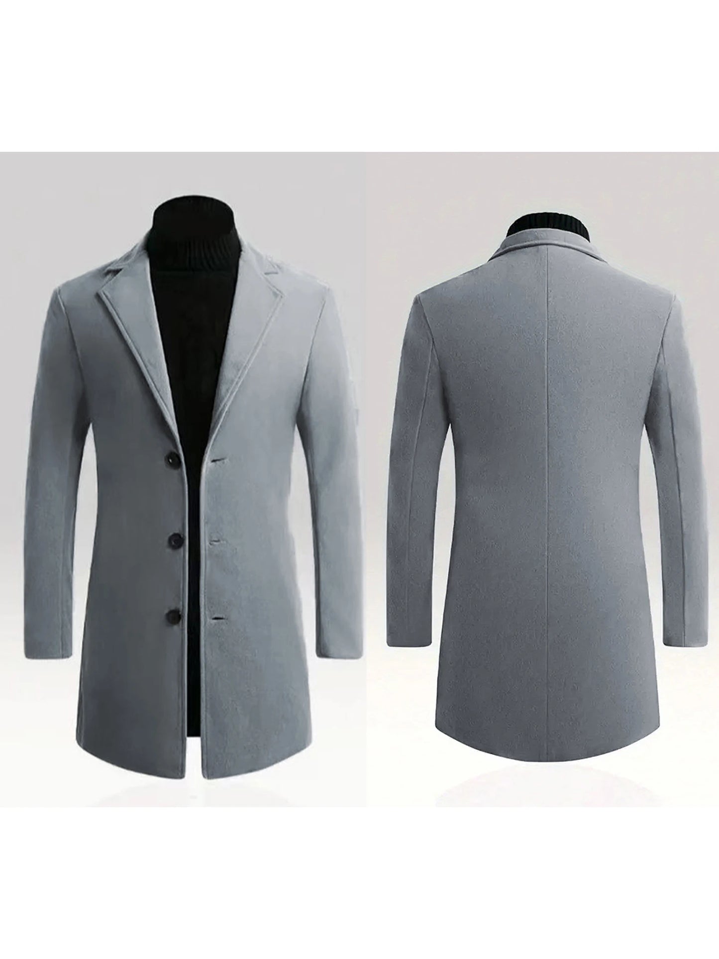 Men s Classic Wool Blend Pea Coat with Notched Lapel Collar and Single Button Closure - Stylish Mid-Length Winter Jacket for