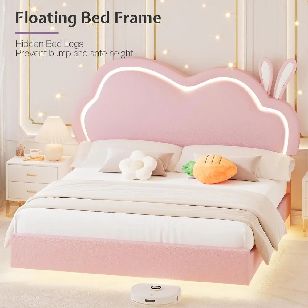 Jocisland Twin LED Bed Frame for Girls Upholstered Floating Bed with Cute Cloud Headboard, No Box Spring Needed, Leather, Pink