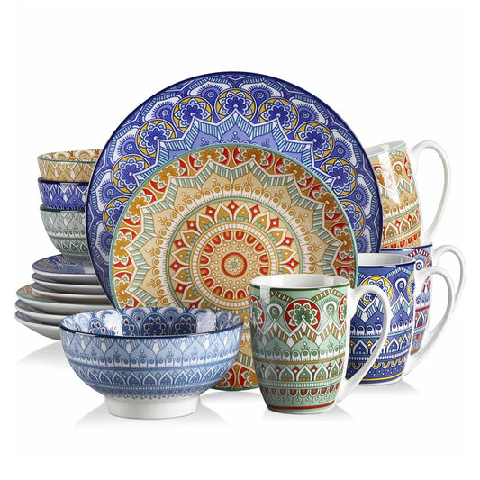 16Pcs Ceremic Plate Porcelain Dinnerware Set Bohemian Mandala Patterned with Dinner Plate,Dessert Plate,Bowl,Mug Tableware Set