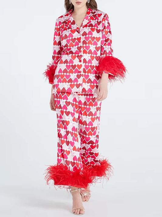 Women s Satin Loungewear Set Heart Print Feather Cuff Long Sleeve Lapel Shirt with Elastic Waist Pants 2 Pieces Sleepwear