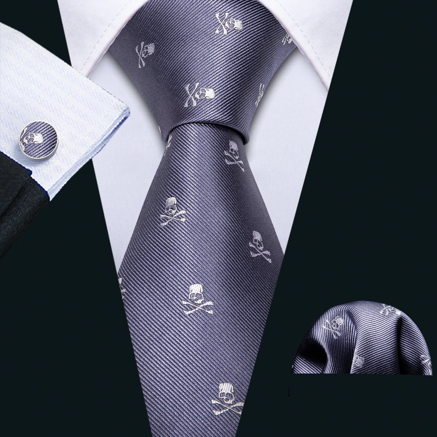 Men’s Luxury Dinosaur Necktie Set . Navy Blue Silk Tie, Pocket Square & Cufflinks for Business, Weddings & Special Events