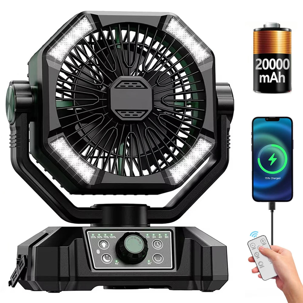 SKYTOO Rechargeable Camping Fan – 20,000mAh Portable Battery Fan with LED Lantern, Remote Control & Hanging Hook for Camping, RV, Tent & Emergency Use