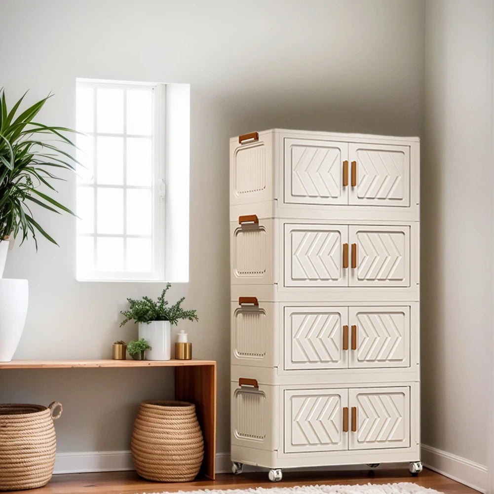 4 Tier Stackable Box Organizers Foldable Organization with Doors and Wheels Folding Storage Cabinet Shelf for Home Office Dorm