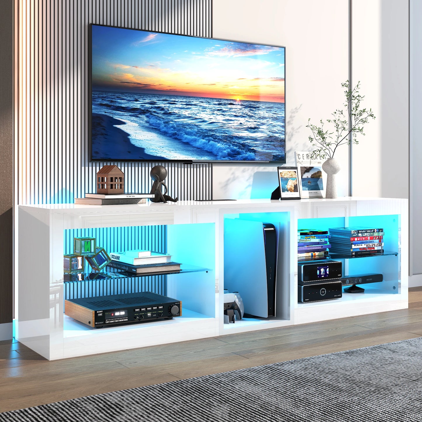 63" LED TV Stand for Televisions up to 70In, TV Cabinet with Adjustable Glass Storage Shelves, Modern LED Entertainment Center