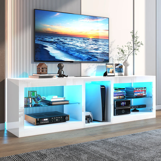 63" LED TV Stand for Televisions up to 70In, TV Cabinet with Adjustable Glass Storage Shelves, Modern LED Entertainment Center
