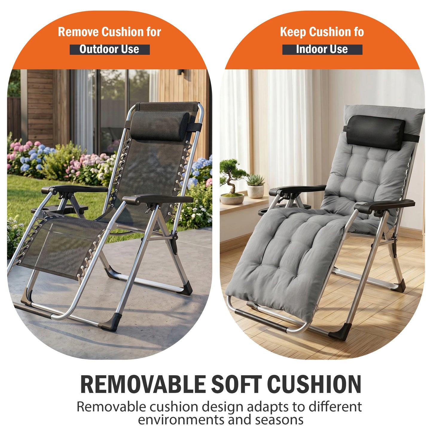 JHK Zero Gravity Reclining Lounge Chair – Foldable Outdoor Camping Chair with Soft Cushion & Adjustable Recline