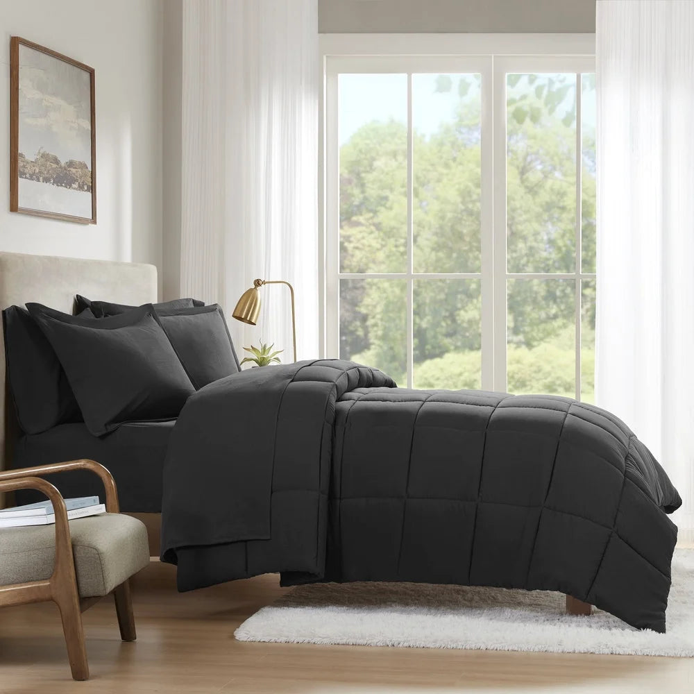 7 Piece Queen Comforter Set Microfiber Bedding Black