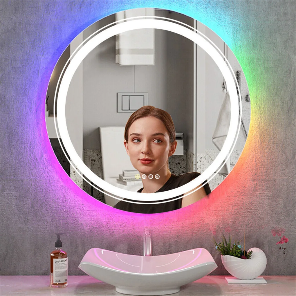 Round Bathroom Mirror with LED Light Dimmable Illuminated Wall Mirror with 8 RGB Backlit 3 Front Color Smart Anti-fog Memory