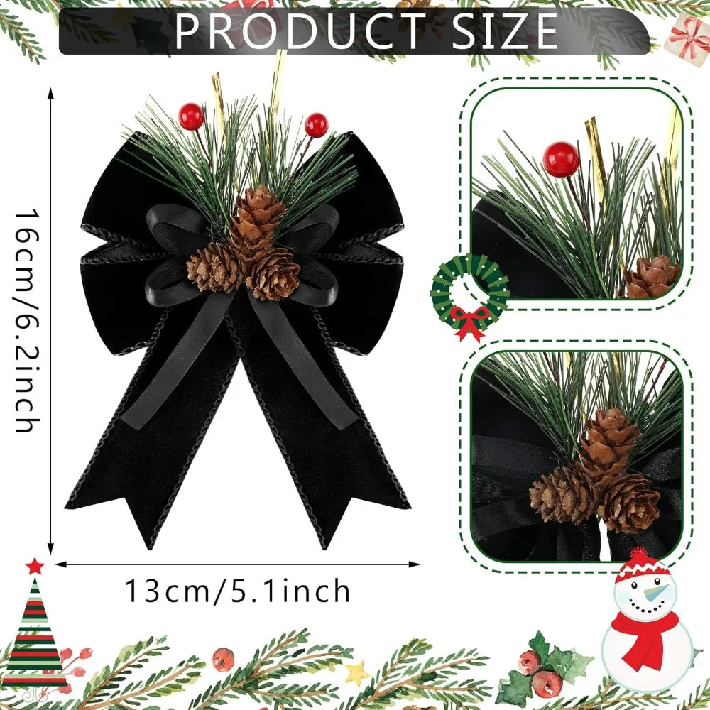 6 Pcs Christmas Bows with Pine Cones Pine Needles Black Xmas Velvet Bows Elegant Ribbon Christmas Tree Wreath Decoration for Xm