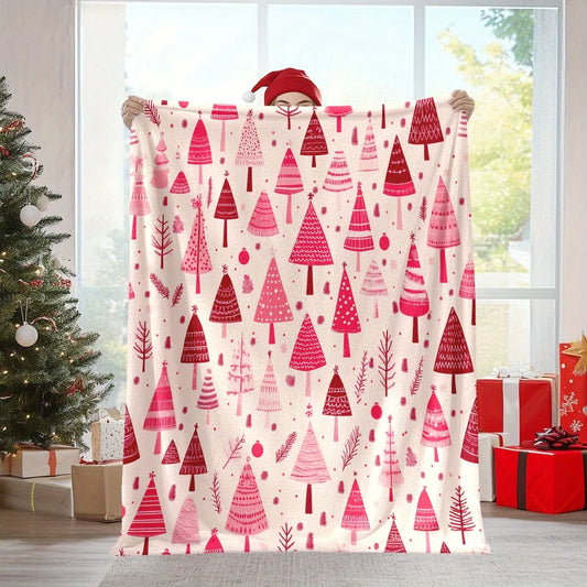 Cozy Pink Christmas Tree Flannel Throw Blanket .Ultra Soft Holiday Blanket for Sofa, Bed & Winter Decor
