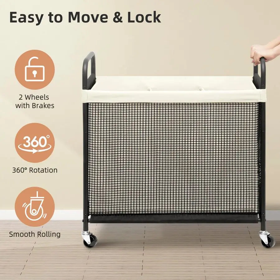 3 Section Rolling Laundry Hamper with Wheels .Large Capacity Laundry Sorter Cart for Home Organization