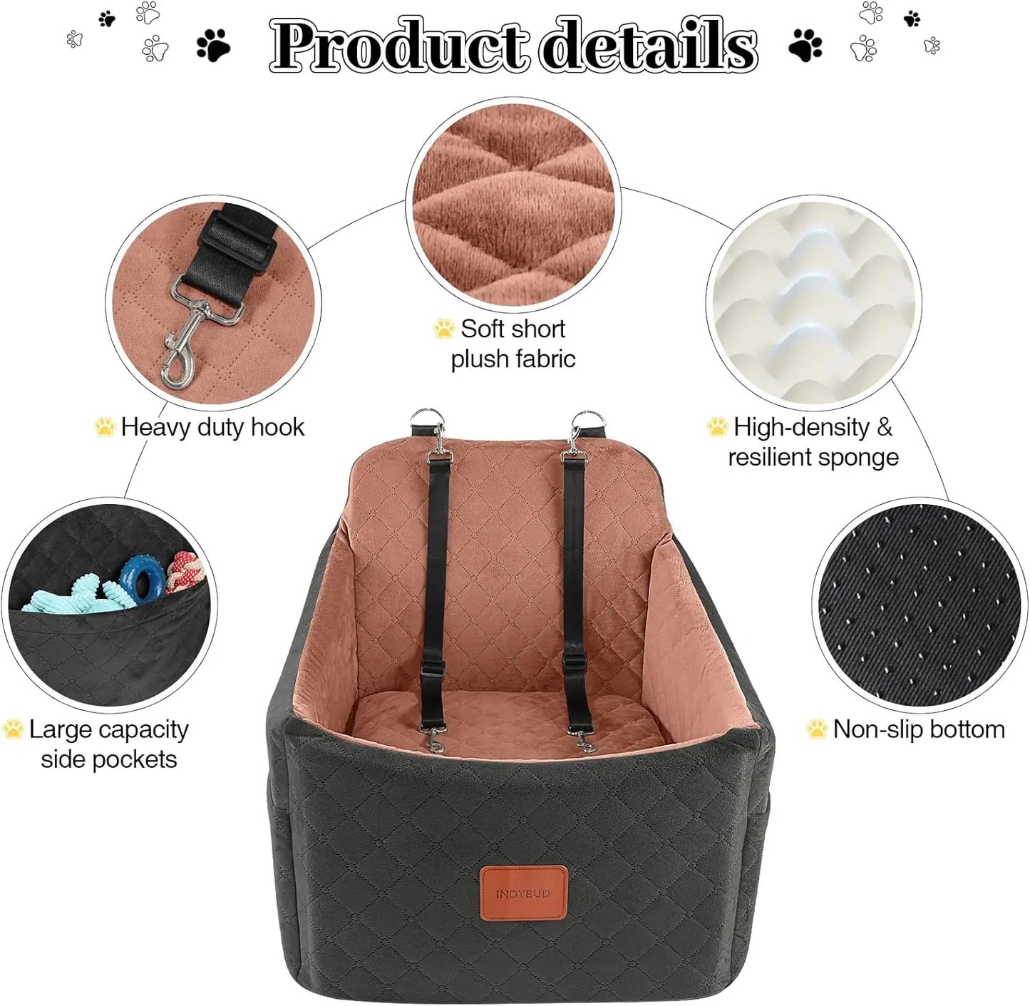 Memory Foam Dog Car Seat for Small/Medium Pets, Washable Cover with Storage Pockets, Up to 35 lbs