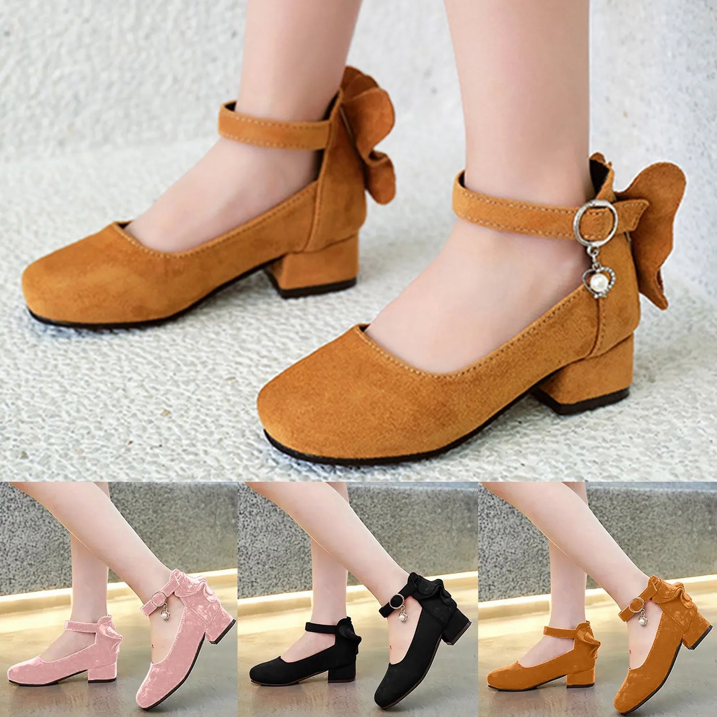 Kids High Heeled Shoes Girls Princess Sandals For Party Wedding Dance Childrens Fashion Velvet Solid Leather Shoes 2025 Spring