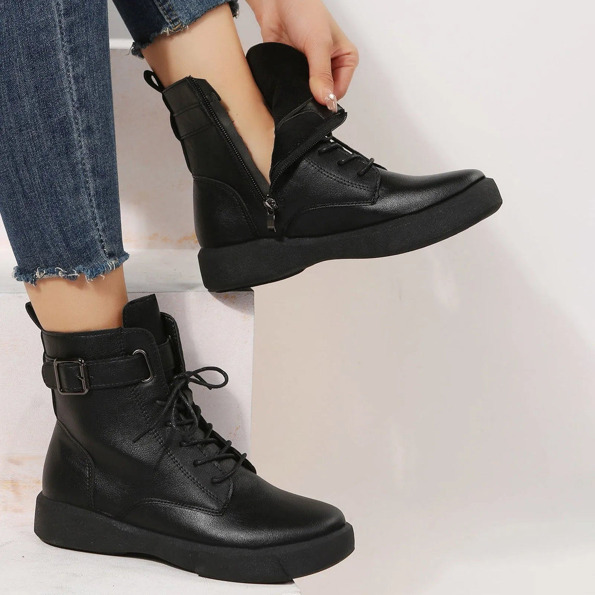 Women’s Lace-Up Ankle Boots | Buckle Detail Casual Boots