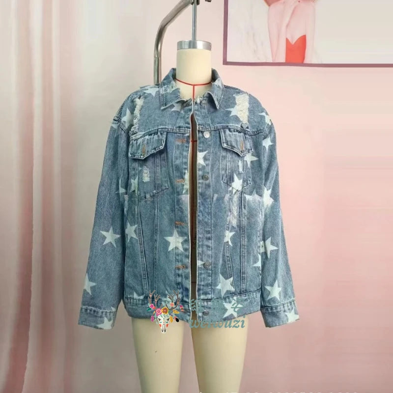 Women Denim Jacket Star Pattern Ripped Detail Casual