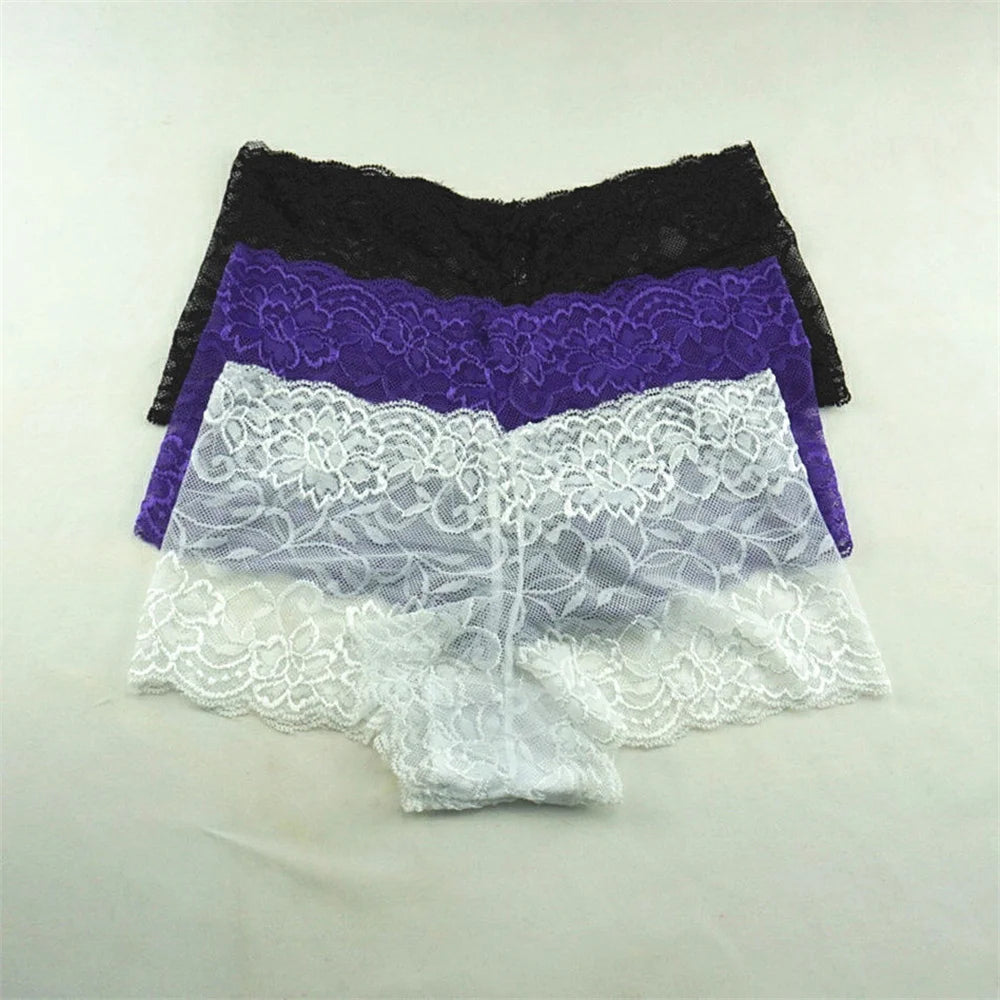 Women's Lace Boyshort Panties.  3-Pack Floral Sheer Boxer Underwear