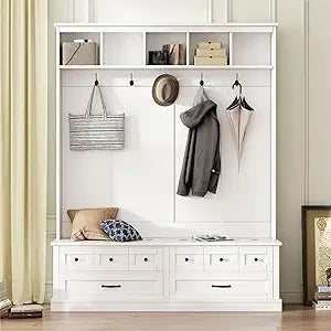 Wide Hall Tree with Lift Top Storage Bench and 2 Drawers, Retro Wooden Hallway Coat Rack with 5 Hooks and Open Storage Space,